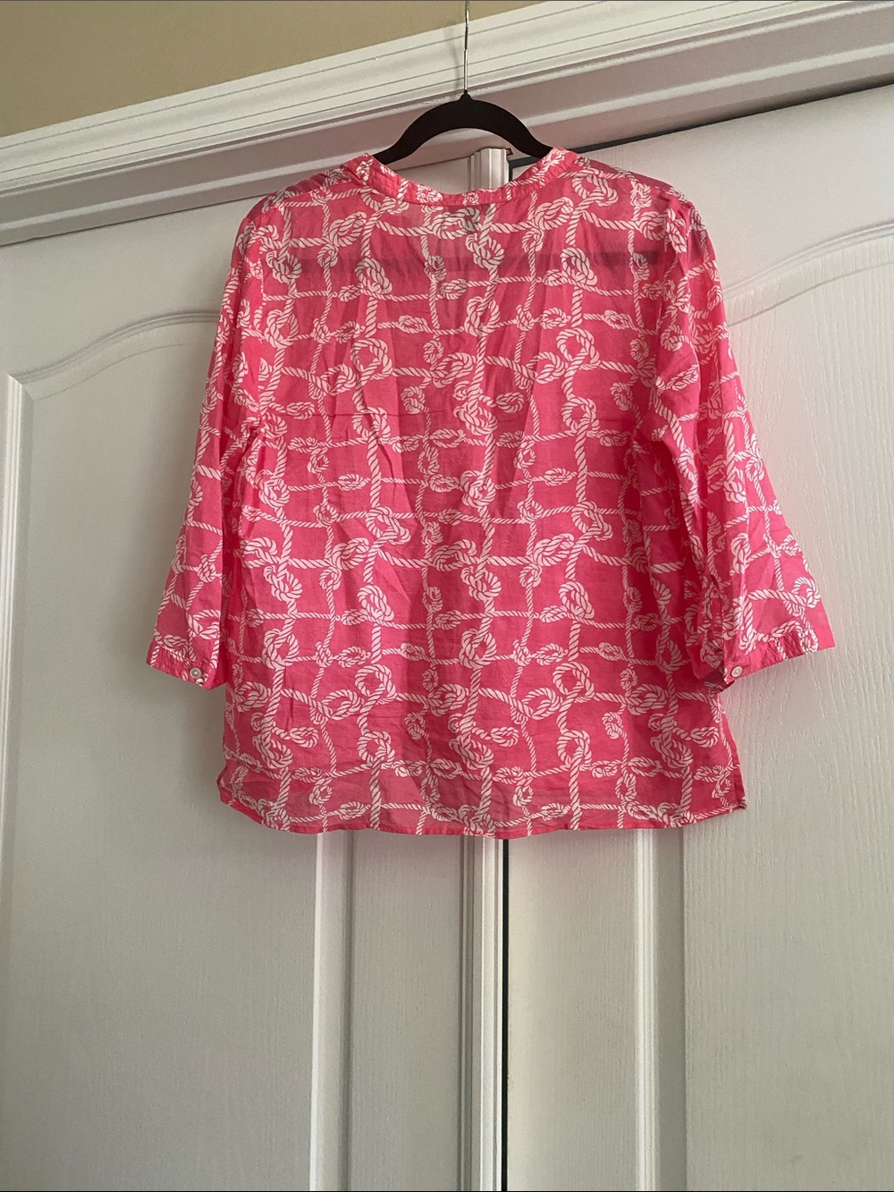 Talbots Pink Rope-Print Ruffle V-Neck Blouse (Bright Pink & White) - Picture 3 of 5